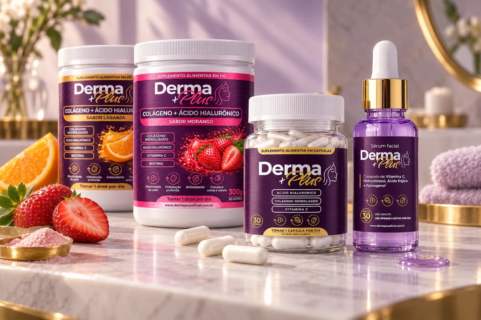 Linha Derma Plus: Cápsulas, Sérum Facial e Colágeno em Pó sobre bancada de mármore
