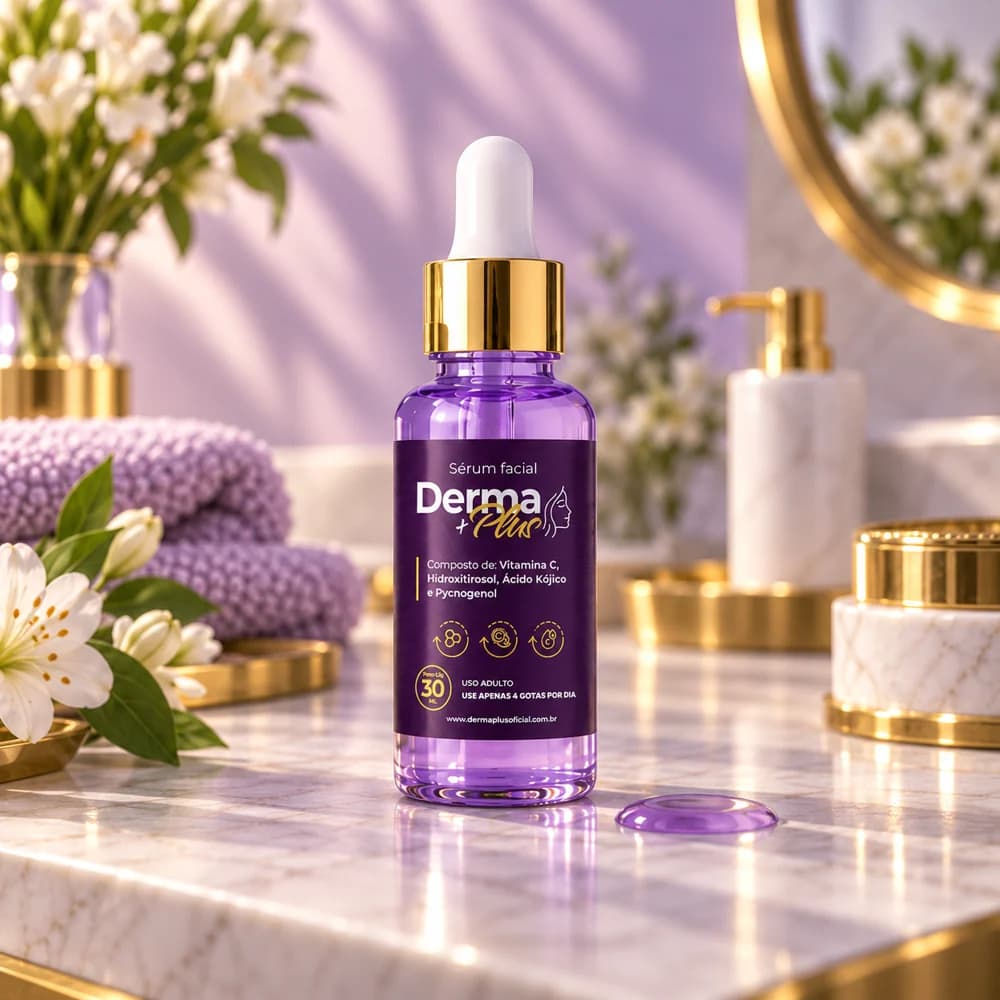 Sérum Facial Derma Plus sobre bancada de mármore