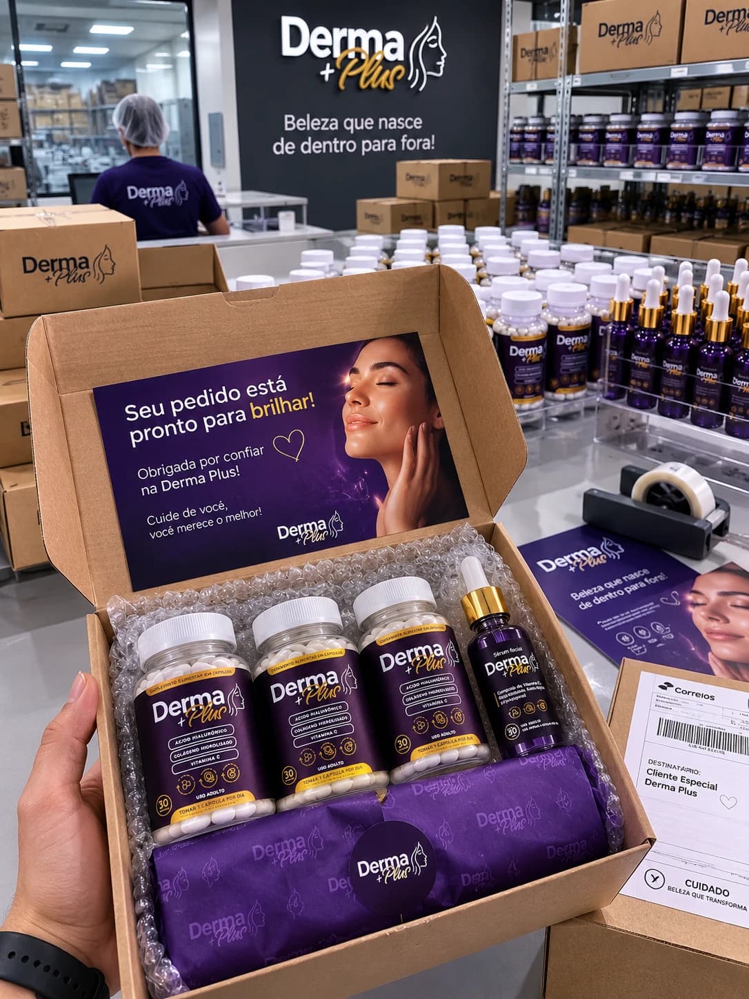 Caixa do pedido Derma Plus aberta com 3 frascos de Cápsulas, o Sérum e o cartão de agradecimento
